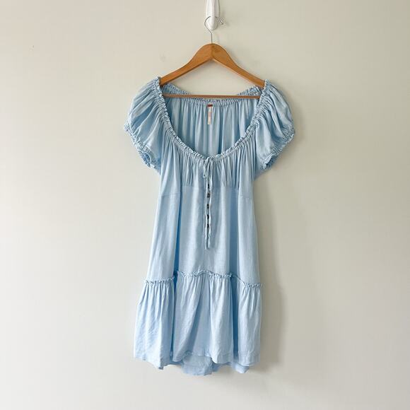 Free People Blue Perri Puff Sleeve Button Front Drop Waist Mini Dress Size Large - Picture 4 of 14